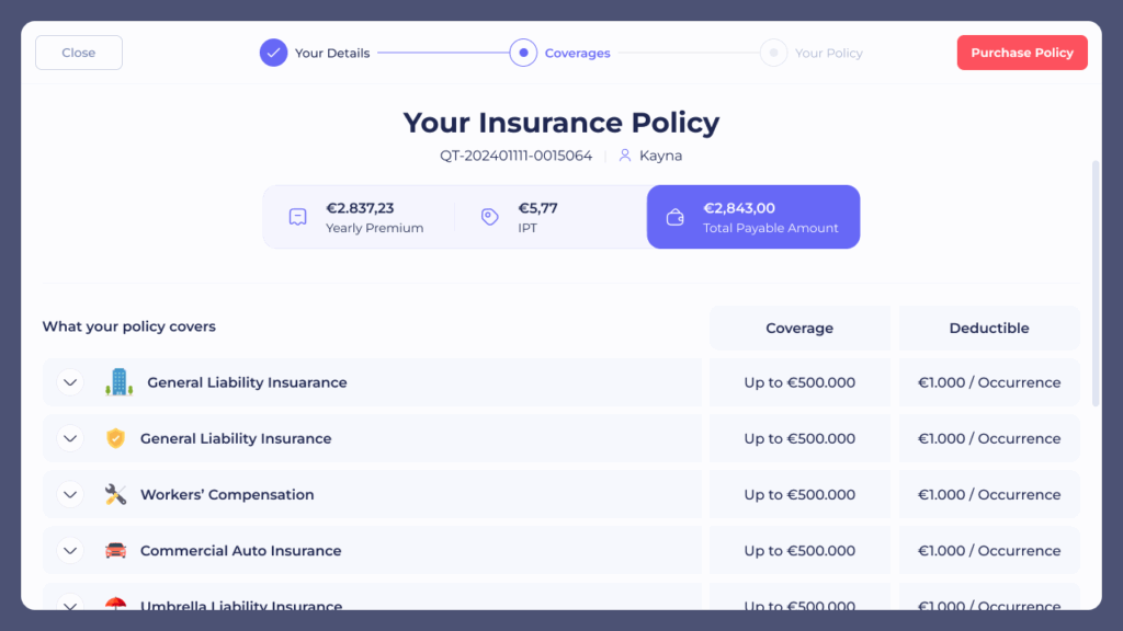 Insurance policy and payment screen for FinTech engineering